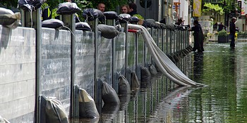 Protective measures on the Schiersteiner Port, in Wiesbaden, Germany, on 3 June, as the Rhine was flooding.