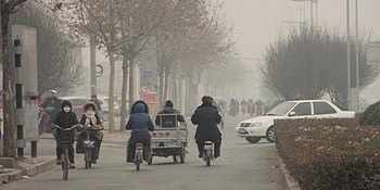 A street in Anyang City, China, foggy from air pollution 
