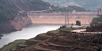 Terraced fields on the edge of a dam