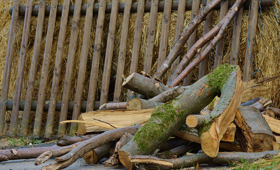 Wood piled against a wood fence