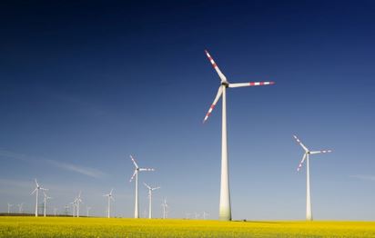 Wind turbines on a yellow field