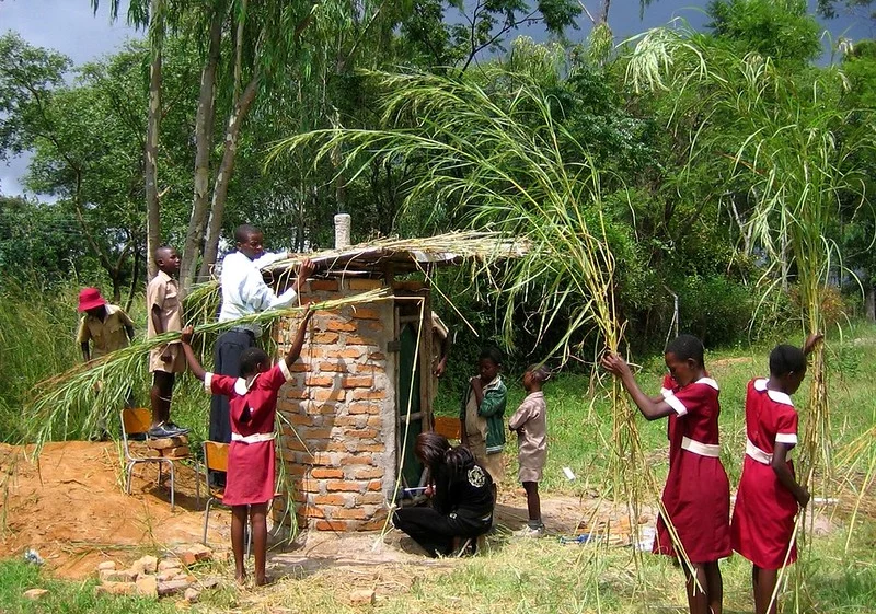 students building with natural materials
