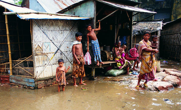 Floodwaters surrounding houses in Dhaka, Bangladesh