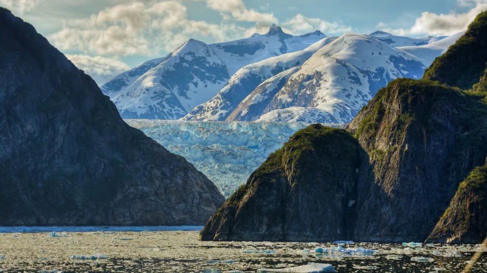 mountains, glacier, water