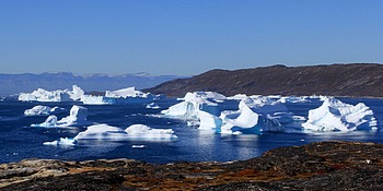 Floating sea ice in August in Disko Bay, Greenland.