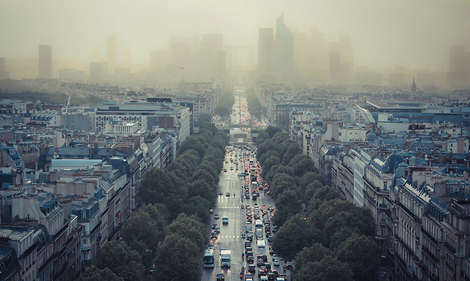 Thick smog hangs over Paris on a spring day