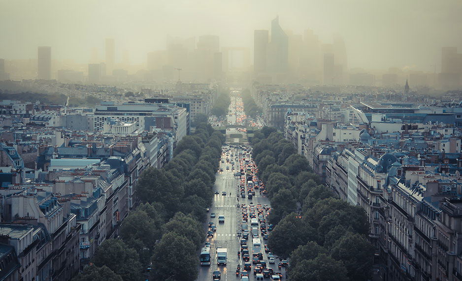 Thick smog hangs over Paris on a spring day