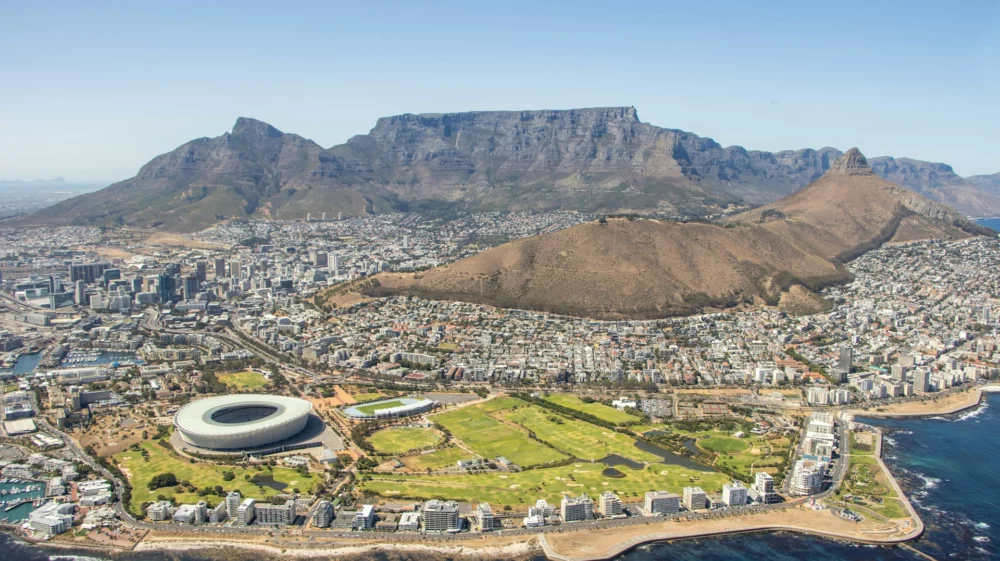 aerial view of city and mountain