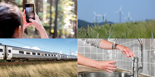 Photo collage from Jernkontroret showing someone taking a photo of the forest with a mobile phone, windmills on a filed, a train and someone having a glass of water