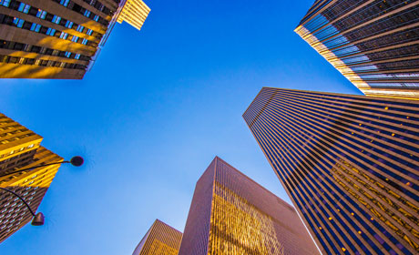 Tall city buildings from below