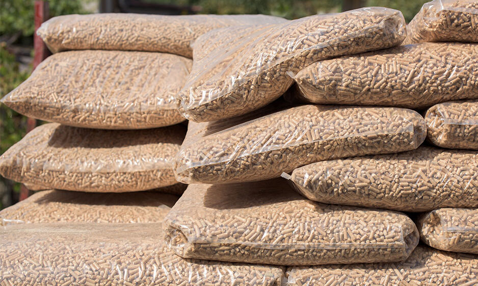 Bags of wood pellets