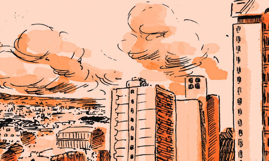 Illustration of buildings amongst polluted air