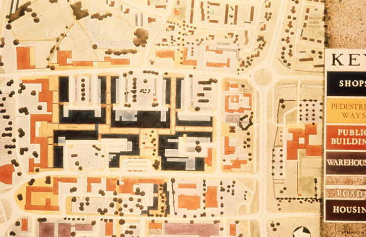 An old land map coloured in segments to show how the land is used.