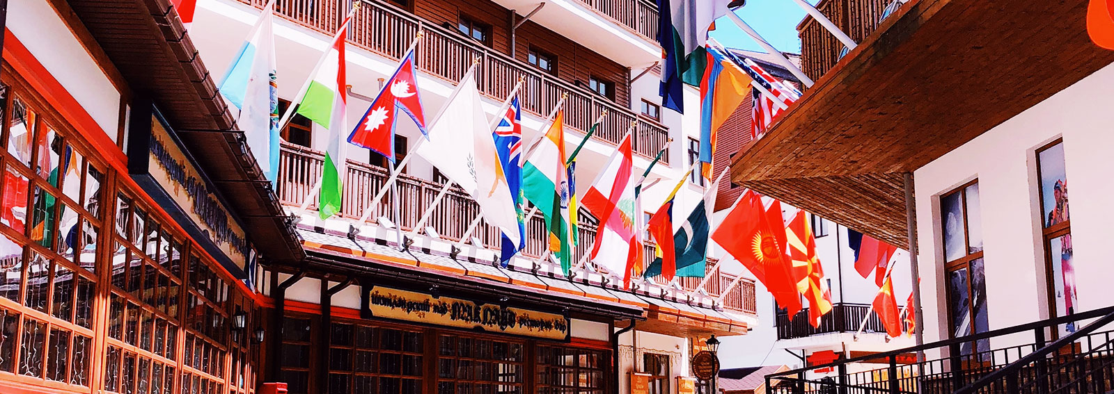 A building with lots of international flags