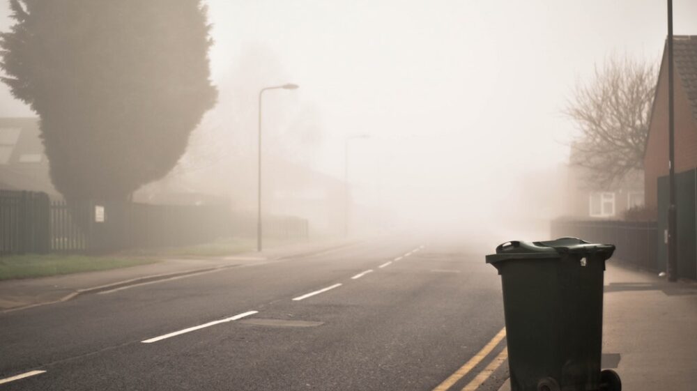 Trash bin on morgning street