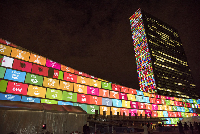 building with SDGs displayed
