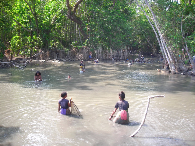Photo shows women standing in a river, fishing in East Timor