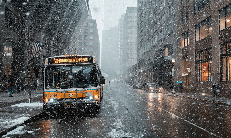 A bus en route in a snowstorm