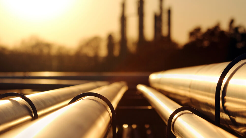 A crude oil refinery with a pipeline system.