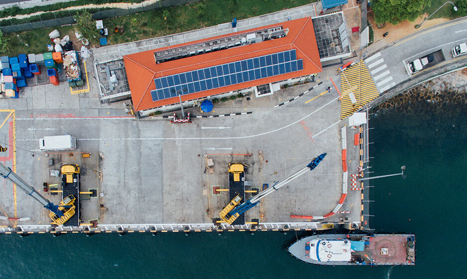 Solar panels on a building at a port in Singapore