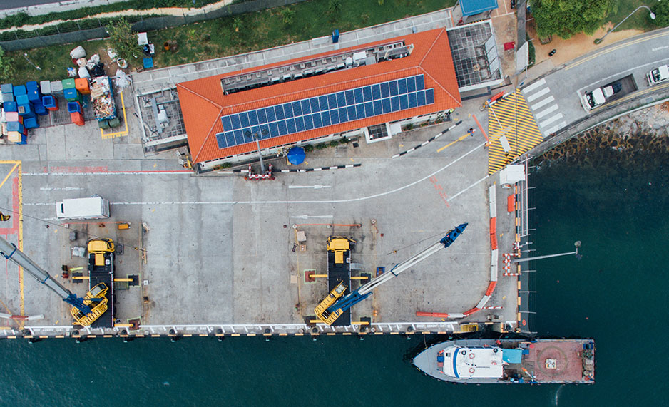 Solar panels on a building at a port in Singapore