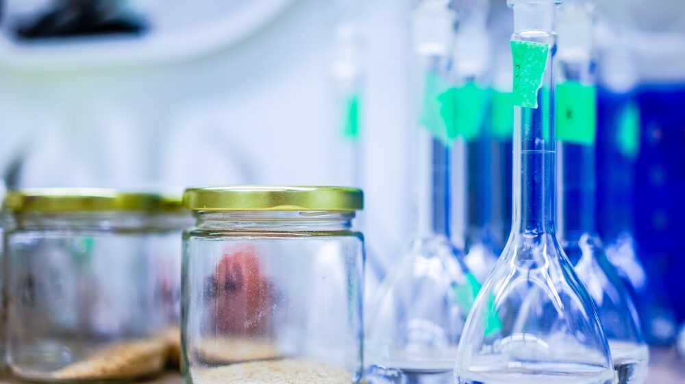 Chemicals in jars on a bench