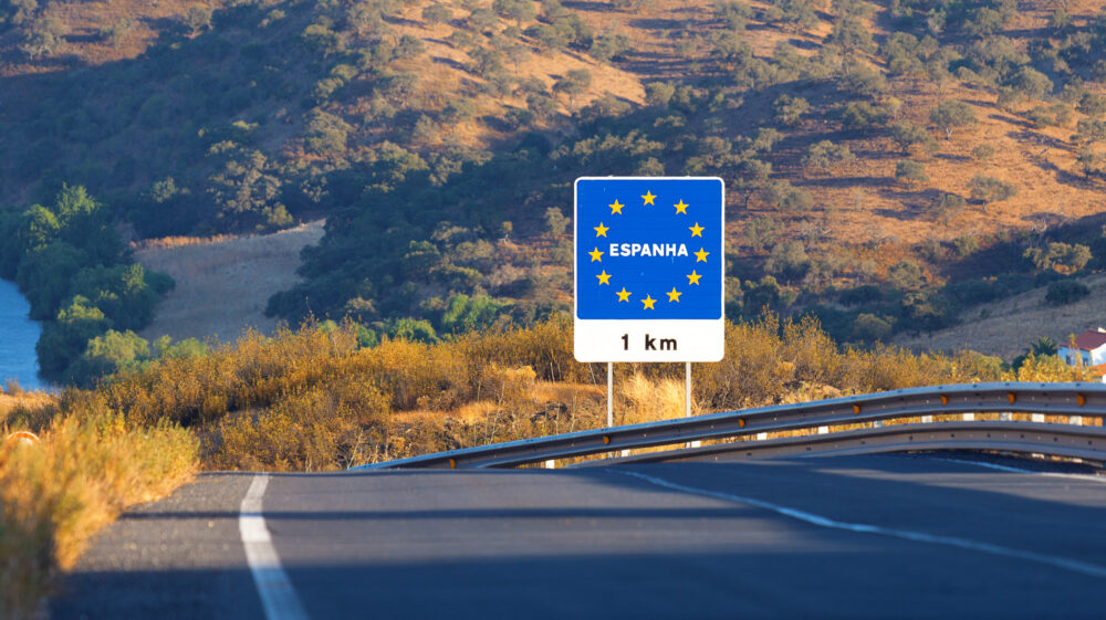 Road sign on the border of a European Union country, Spain