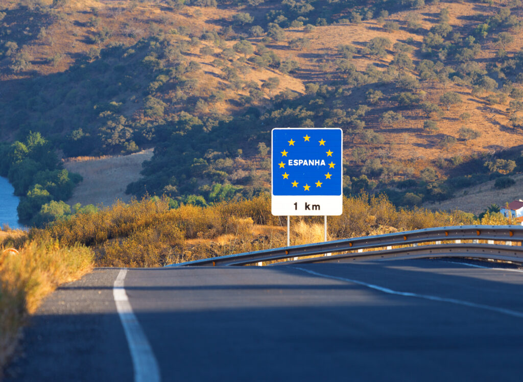 Road sign on the border of a European Union country, Spain