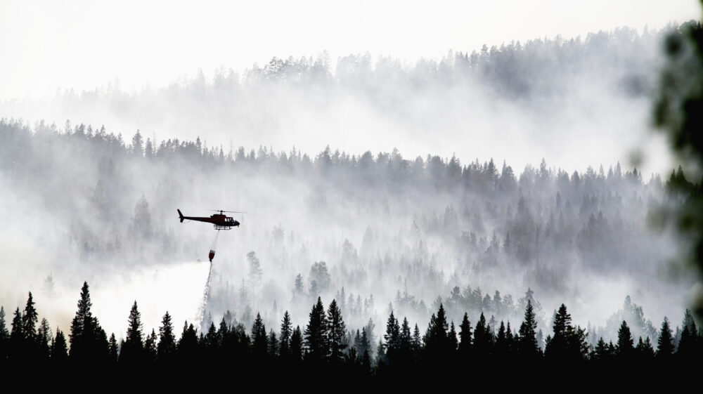 Helicopter dumping water on forest fire