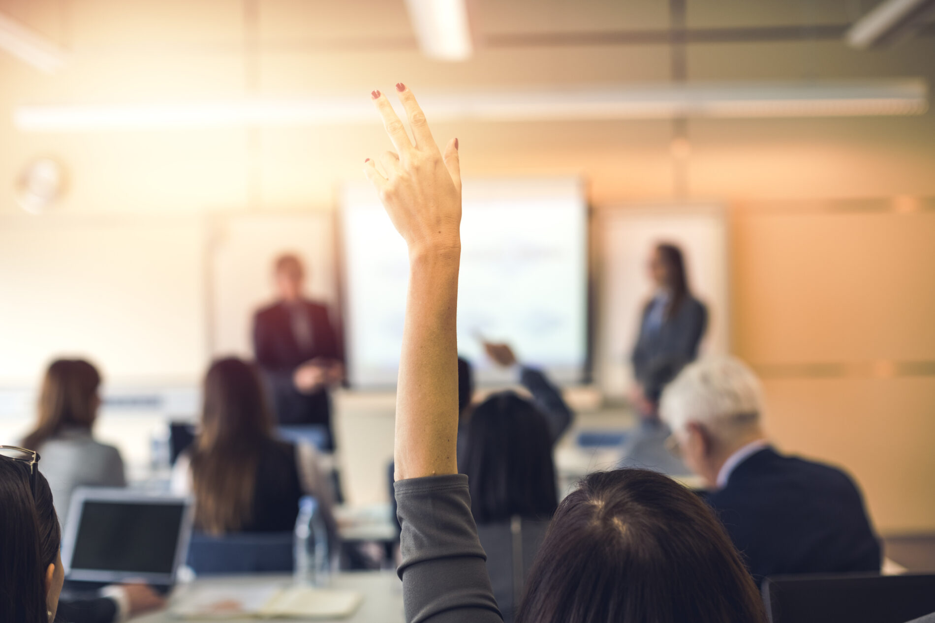 Raised hand, business seminar, education.