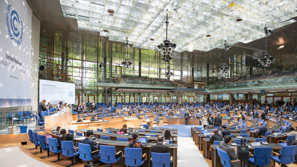 Plenary room at the World Conference Center Bonn during the Bonn Climate Change Conference, April 2018.