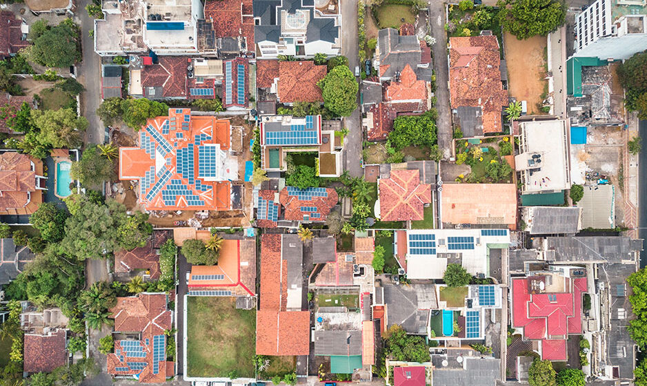 Overhead view of houses in Colombo, Sri Lanka.