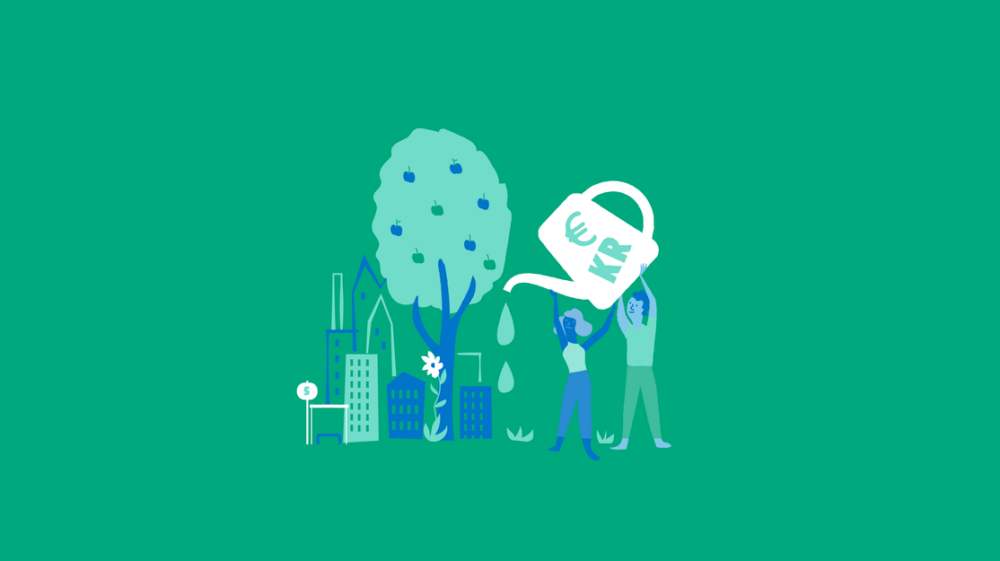Graphic of man and woman hoisting watering can with € symbol and KR watering tree