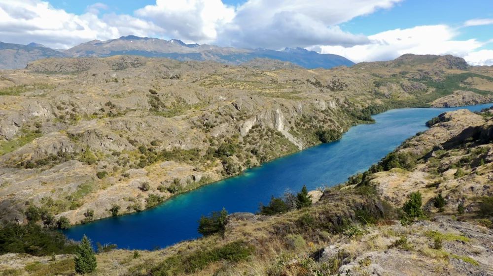 field, hills, river