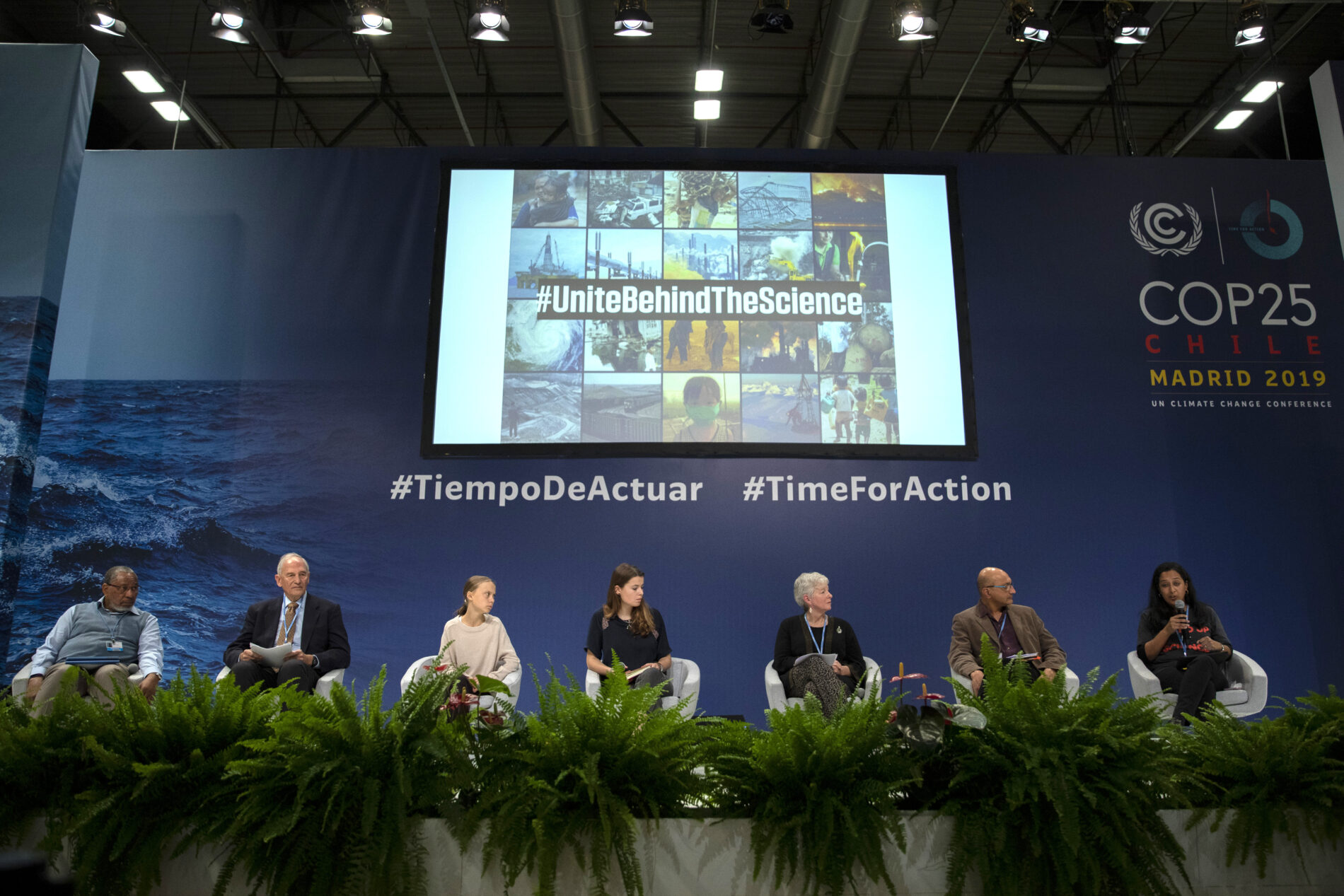 scientists at COP25 on stage with Greta Thunberg and Luisa Neubauer