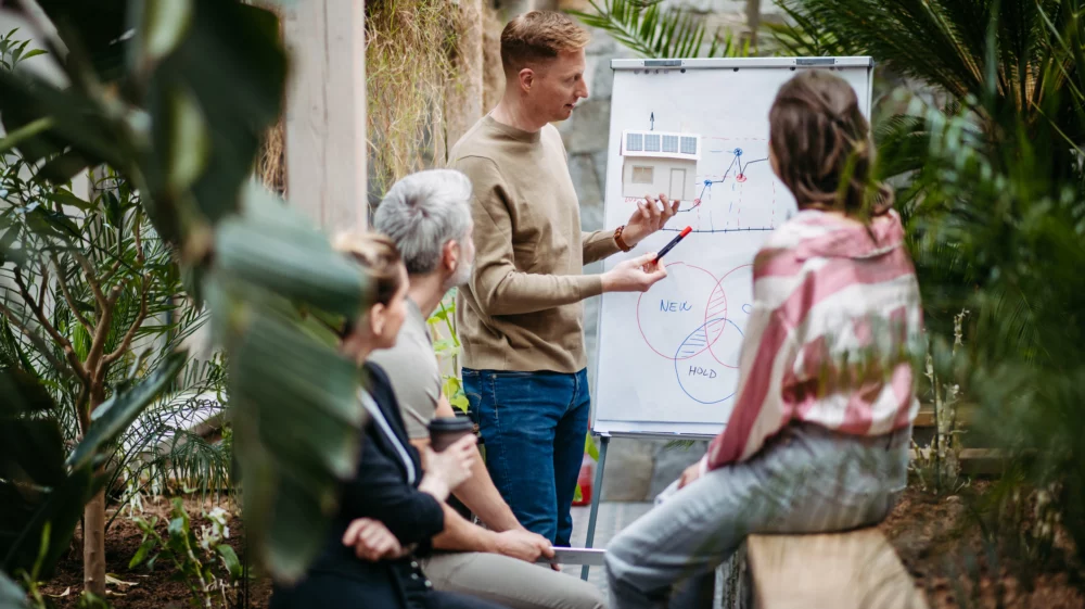Young colleagues having meeting in modern greenhouse. Project leader presenting for employees using flipchart. Discussing solar energy, solar panels and green energy. Creative business meeting place.