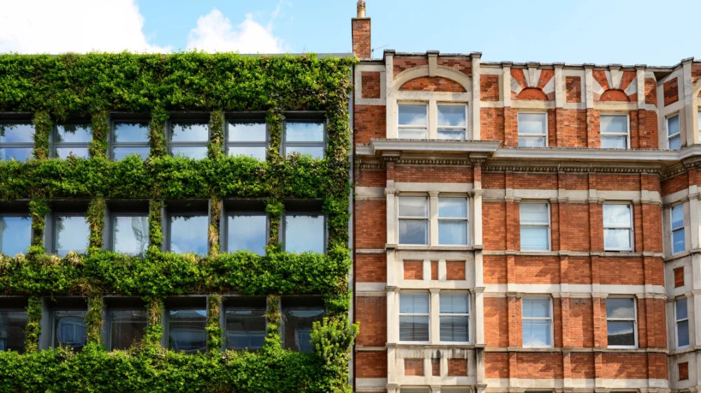 Green office building next to traditional apartment block.
