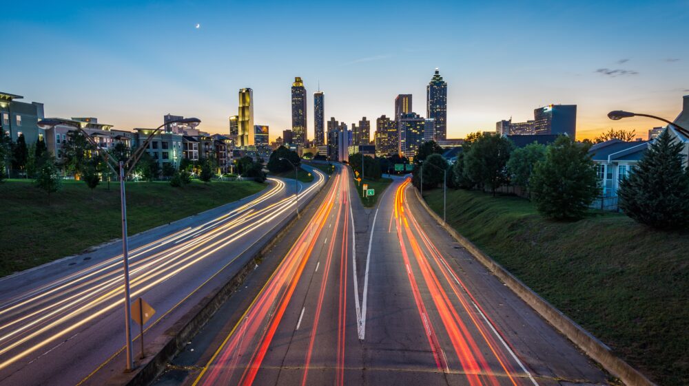 Light trails on a suburban highway