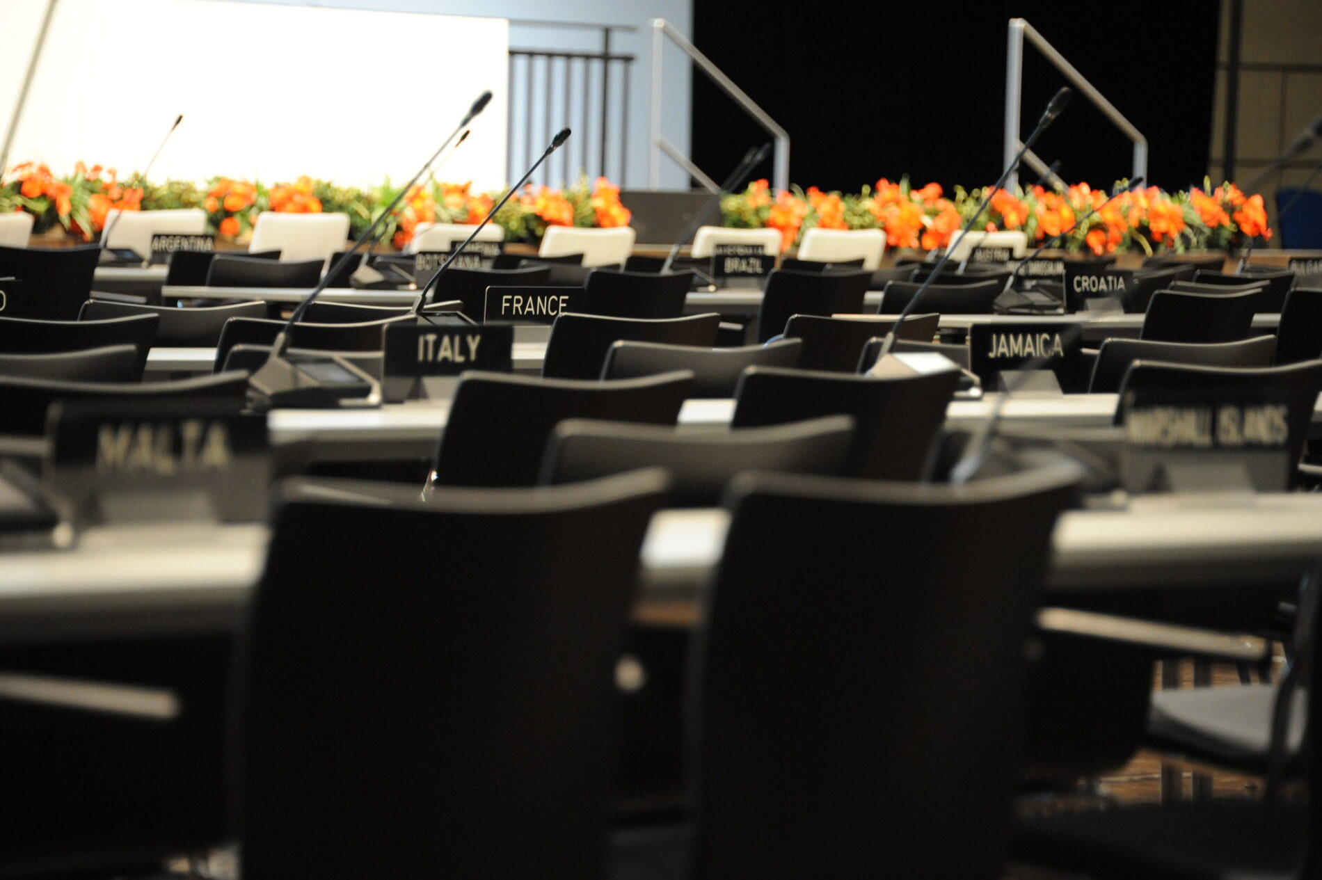 Empty seats in a plenary room during a UN climate change conference