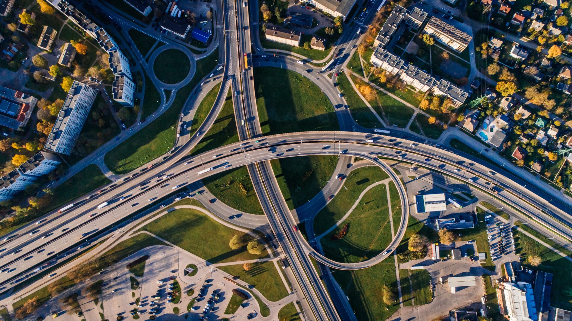 Aerial photograph of a busy road interchange in an urban environment
