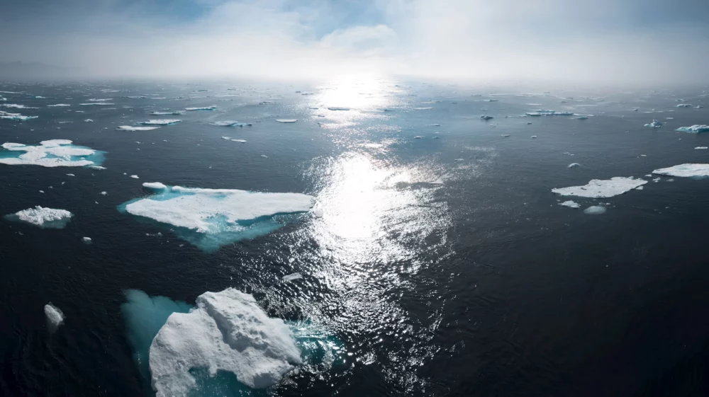 Aerial view of scattered sea ice floating on dark Arctic waters under bright sunlight.