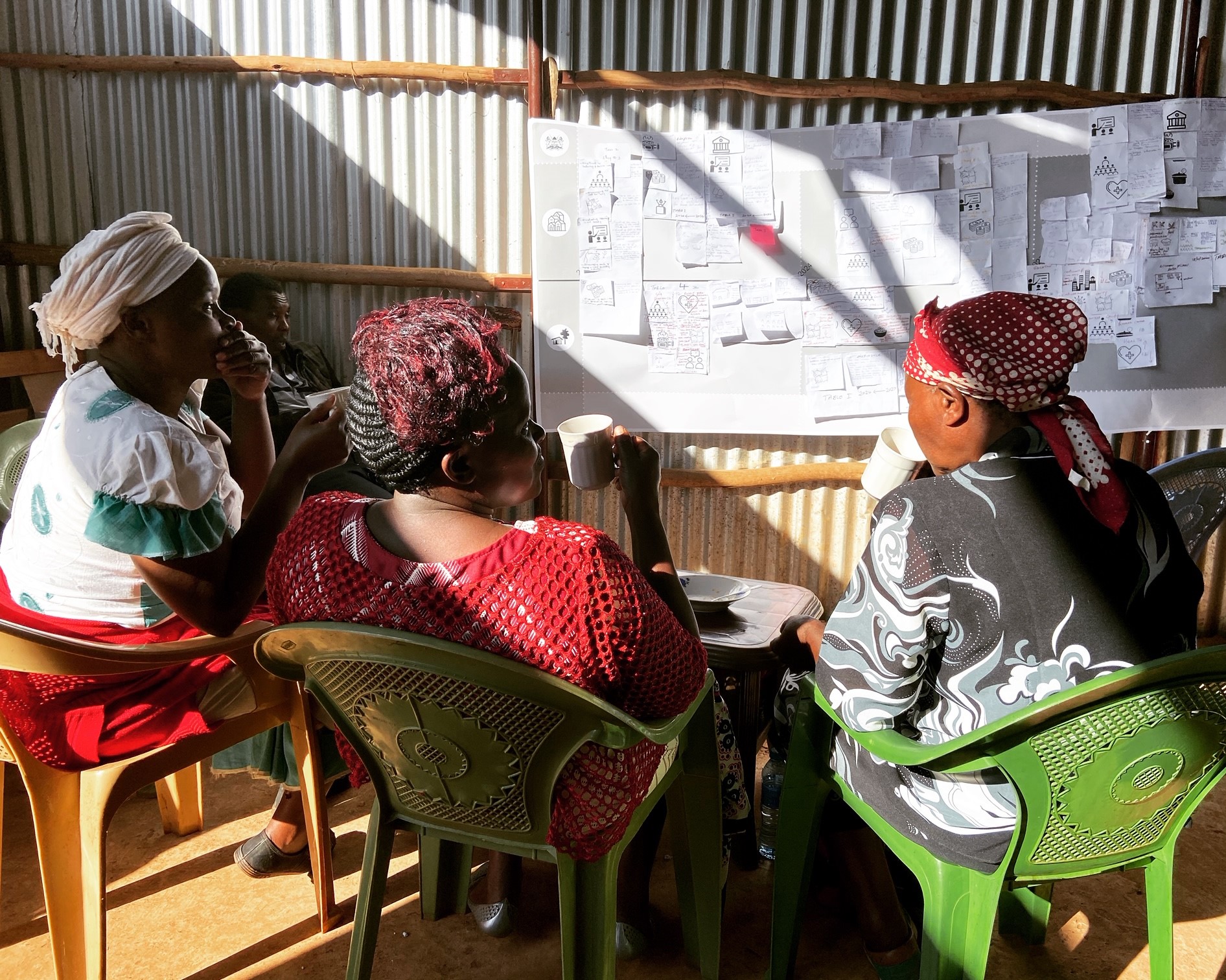 Workshop participants discuss the road map over a cup of tea, Kitulu Village, Kenya