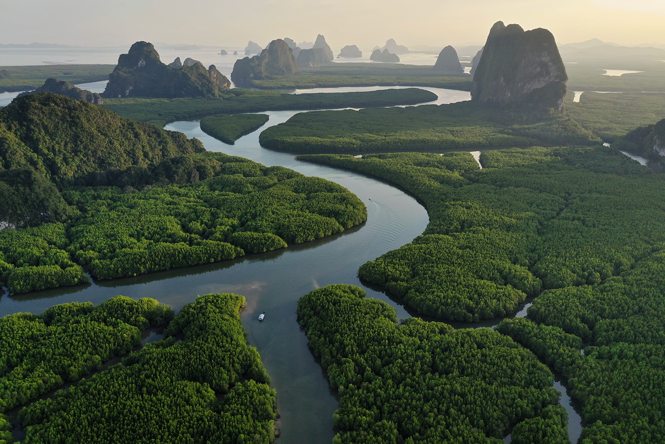 Unseen Thailand: Aerial view of Phang Nga Bay at sunset, Thailand