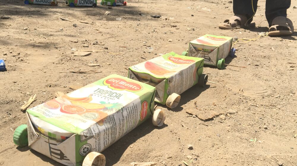 childs toy made of old drink cartons, at Waste to Best, Naivasha