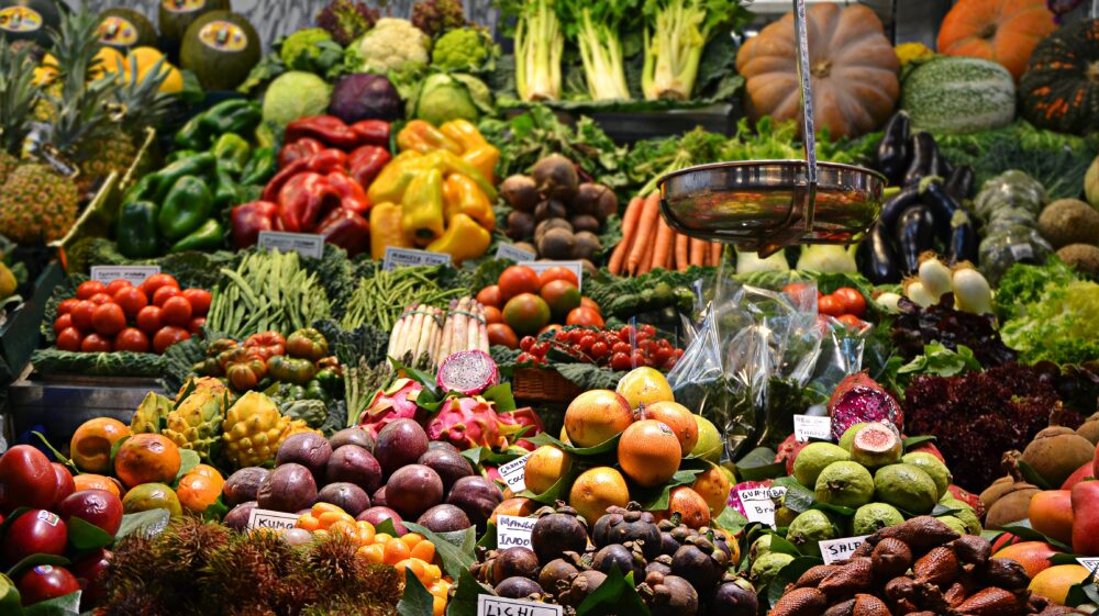 Display of fruit and vegetables in a market