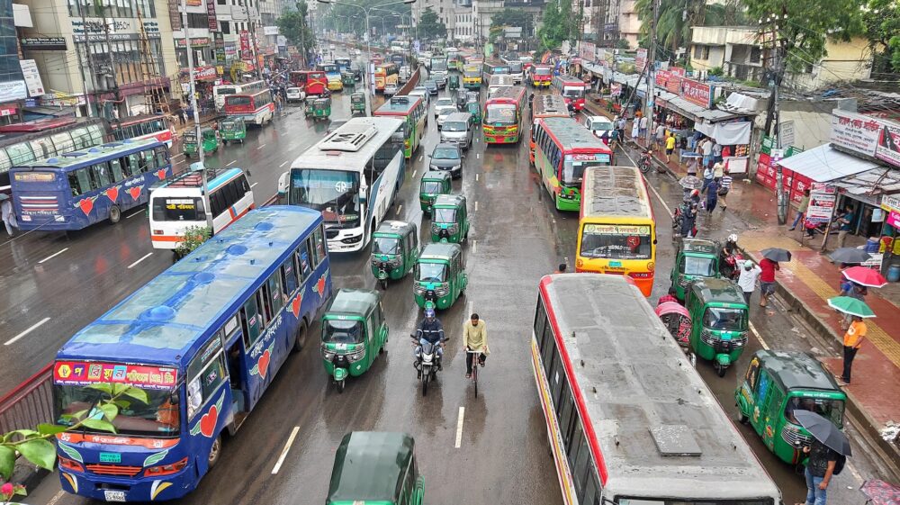Transport contributes to air pollution in Dhaka, Bangladesh.