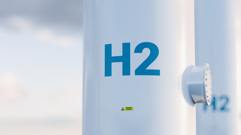 Hydrogen storage tank concept in beautiful morning light, 3D rendering