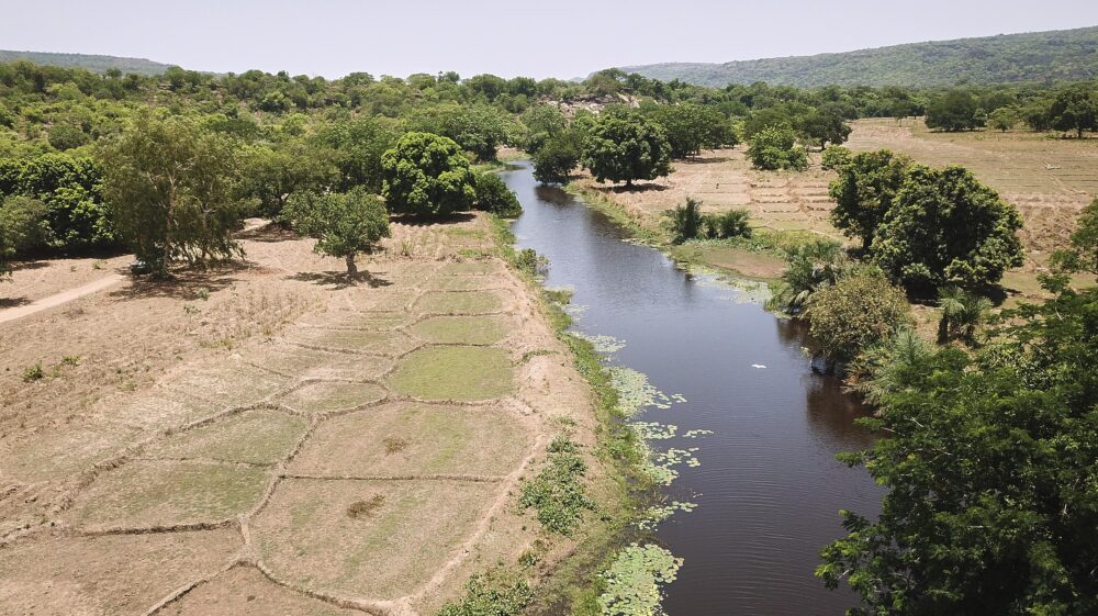 Burkina Faso, Aerial view of landscape with Komoe River and fields
