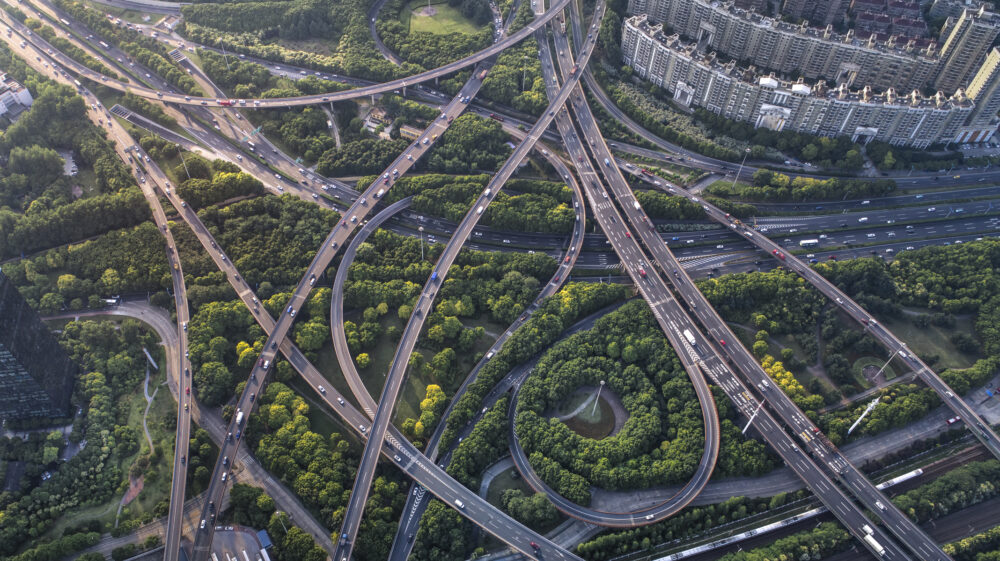 curved flyovers and multi lane highways in Shanghai
