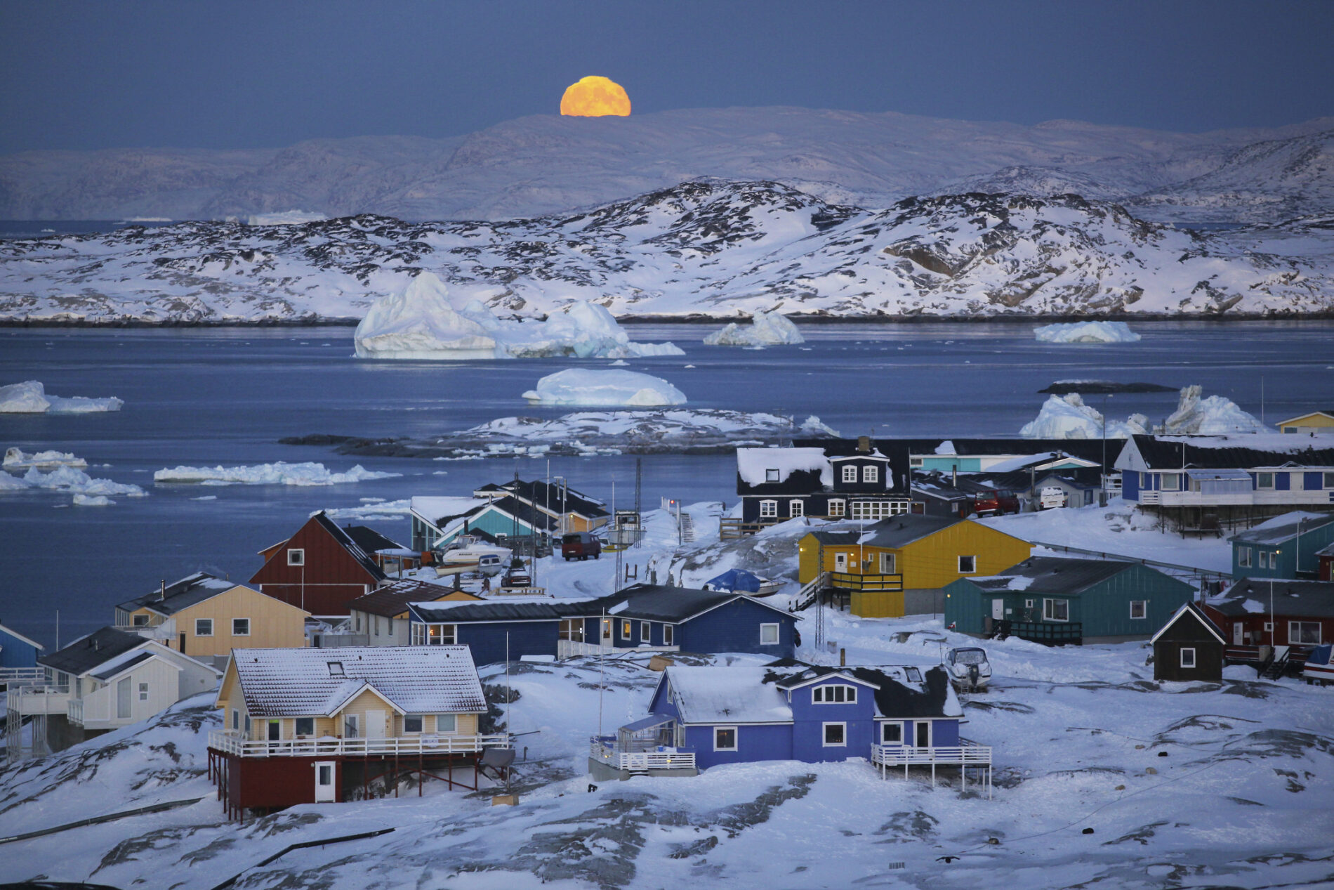 Ilulissat, the third-largest city in Greenland, north of the Arctic Circle.